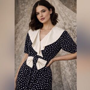 Vintage 80s Polka Dot Sailor Collar Dress Nautical Cottagecore Bow Midi S